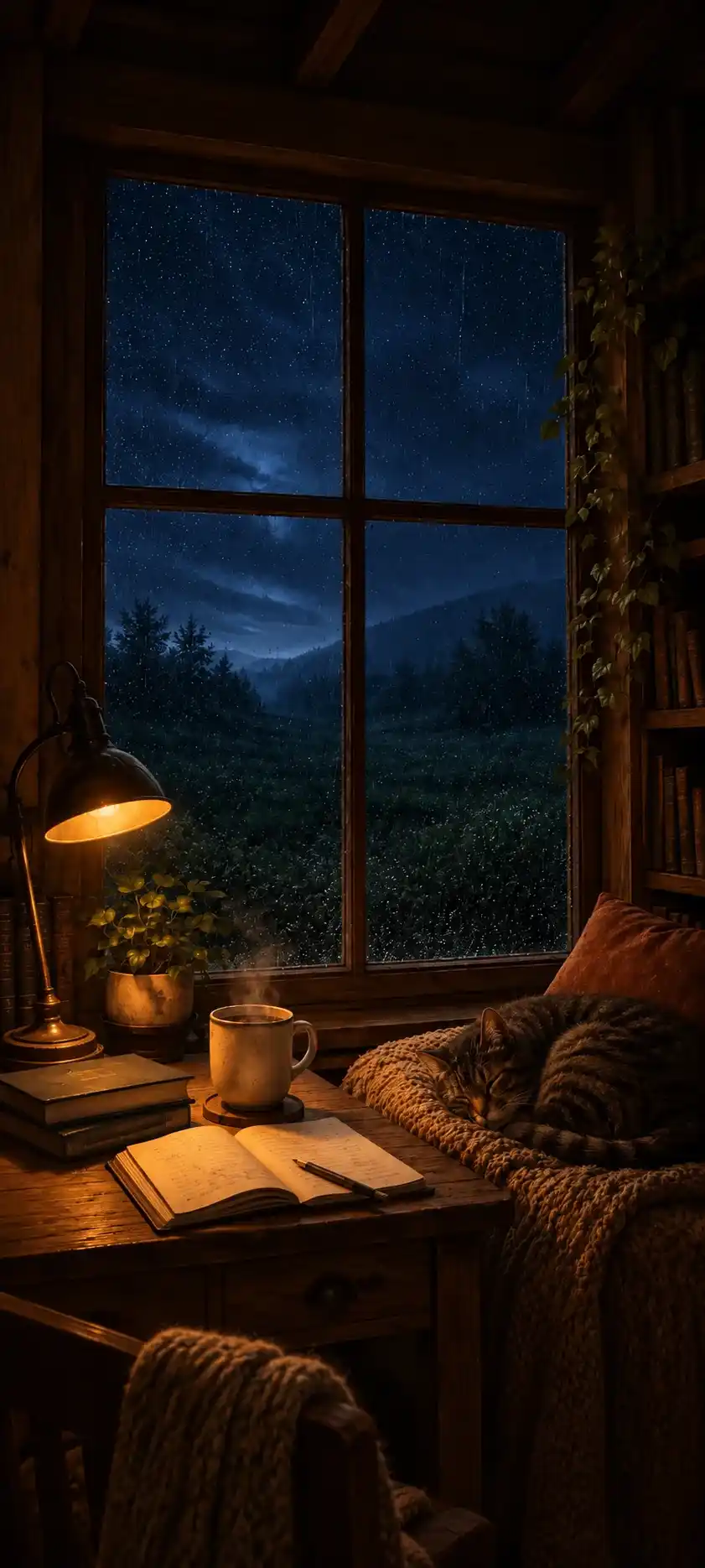 Quarto acolhedor a noite, com uma janela para a chuva